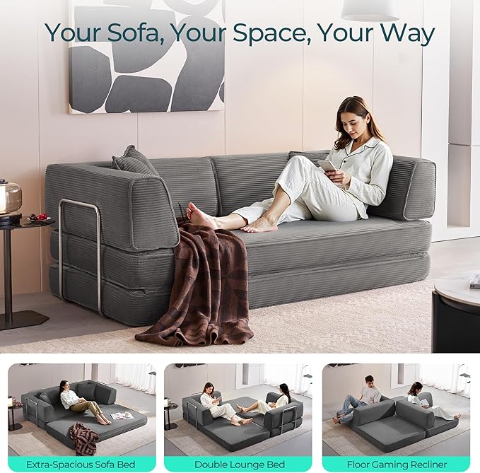 LINSY HOME Sofa Bed Couch - Convertible Boneless Couch Bed with 2 Pillow (Grey) | Folding Sofa Bed Corduroy Material No Assembly Compressed Sofa Couch in a Box