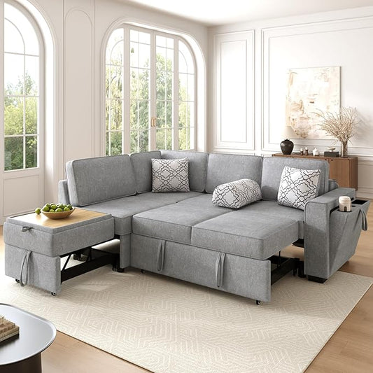 83.9 Convertible Sectional Sofa Bed Chenille L-Shaped Sofa with Dual Pull-Out Sleepers Flip-Top Table USB Ports Cup Holder &amp Storage for Living Room Office Apartment (Light Gray-7.22)