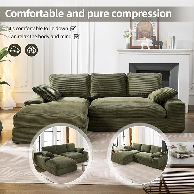 98.4 Green Sectional Sofa Cloud Modular Sectional Couch with ChaiseCorduroy Sectional Couches L-Shaped Modern Upholstered Sofa with Deep Seat for Living Room and BedroomNo Assembly Required(Green)