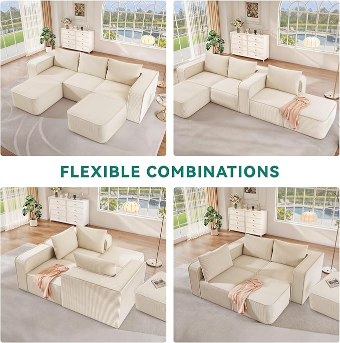 DWVO 107 Inch Cloud Sectional Couch with U-Shape Chaise Deep Seat Sofa with 3 Pillows 2 Ottomans Corduroy Upholstered Modular Sofa for Living Room Bedroom No Assembly Required Milky White
