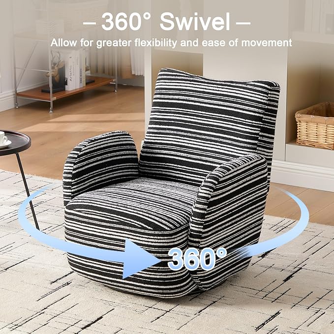 360° Swivel Accent Chair with Armrest Modern Striped Upholstered Lounge Chair Stable Round Base &amp Sturdy Metal Frame Armchair for Bedroom Living Room Office &amp Vanity (Black)