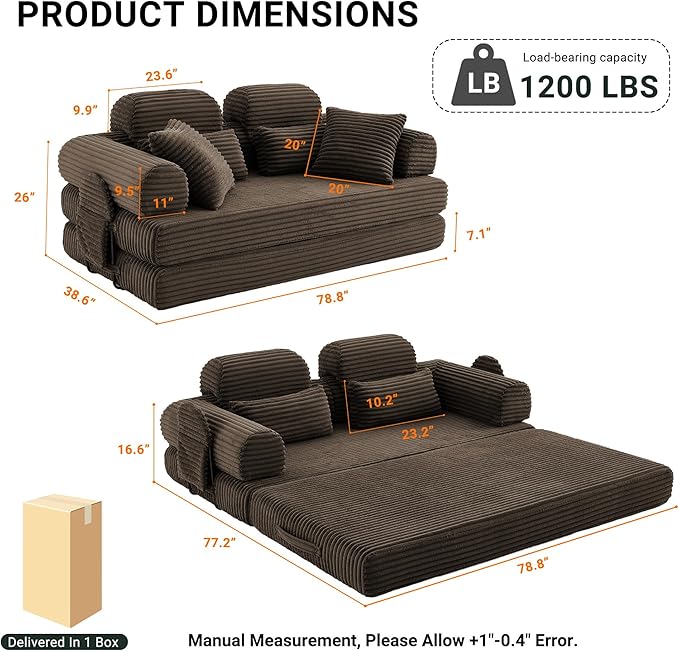 79'' Upgrade High Backrest Convertible Sofa Bed with Fixed Frame Removable Armrests &amp Backrest Corduroy Sleeper Couch No Assembly Guest Bed for Small Spaces (High Backrest Brown) | Convertible