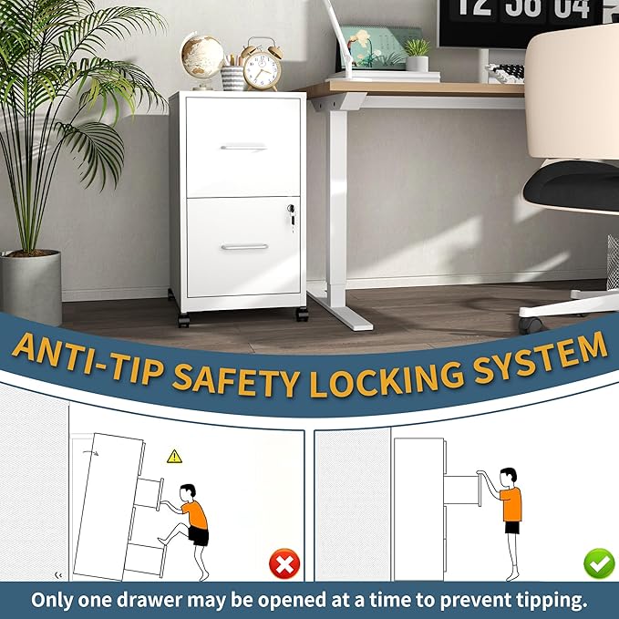 2 Drawer File Cabinet on Wheels Mobile Filing Cabinets with Lock Metal Storage Cabinet Vertical Filing Cabinets for Home Office Rolling File Cabinet for Under Desk Amssebly RequiredWhite