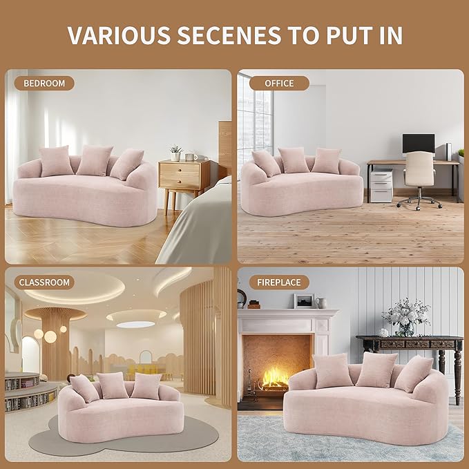 65 Curved Loveseat Sectional Sofa for Living Room Modern Plush Chenille Cloud Round Deep Seat Compressed Boneless Couch with 3 Throw Pillows for Small Apartment No Assembly Needed Apricot Cream