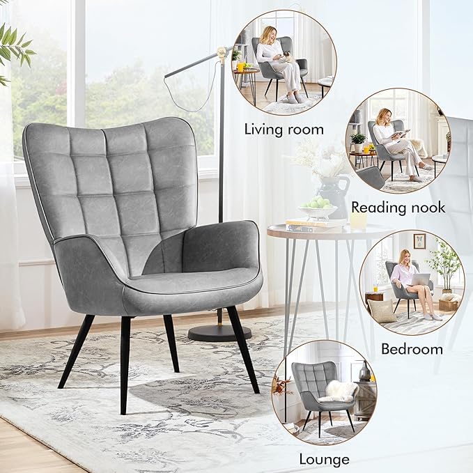 Yaheetech Accent Chairs Large PU Leather High-Back Chair w/Metal Legs Pottery Barn Style Living Room Chairs for Bedroom/Home Office Gray