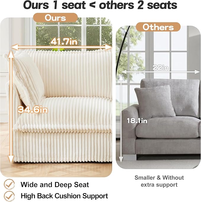 120 Slipcovered Modular Cloud Sectional Sofa Deep Seat Corduroy L Shaped Couch with Removable Covers 3-Seater Sofa with Movable Ottoman for Living Room (Cream) | Slipcovered