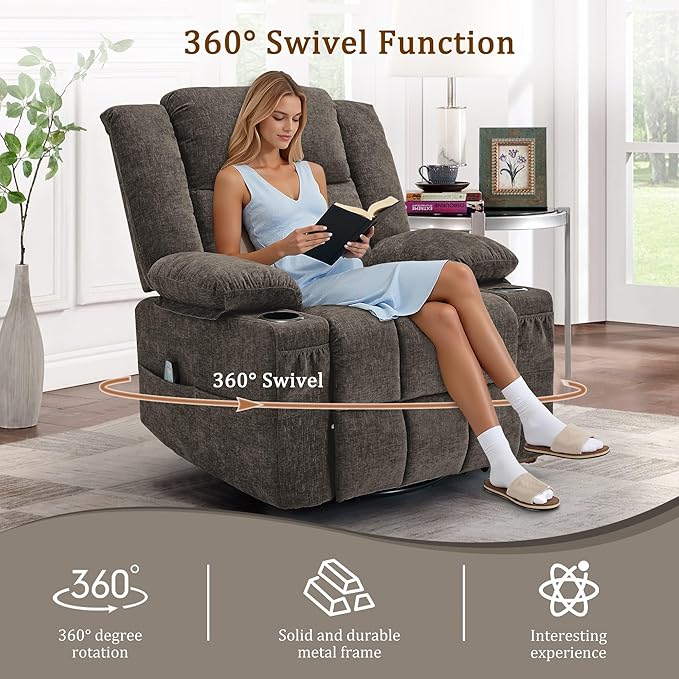 360° Swivel Rocker Recliner for Adults Nursery Glider Recliner with Massage and Heating Rocking Chair with Cup Holder Manual Recliner Chair for Living Room Bedroom (Fabric Brown)