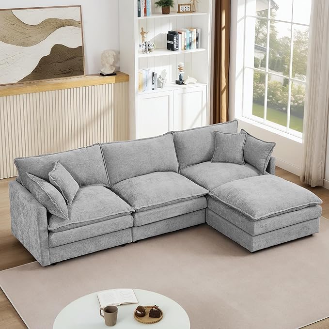 102 Grey Modular Sectional Sofa with Movable Ottoman Convertible L Shaped Chenille Cloud Couch Comfy 3-Seater Deep Seat Sofa Couches for Living Room Bedroom and Apartment (Grey 102)
