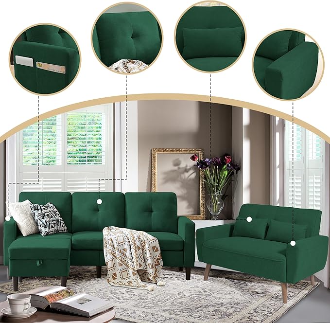 2 Pcs Convertible Sectional Sofa Set 3-Seater L Shaped Couch with Reversible Chaise and Comfy Loveseat Sofa Polyester Fibre for Living Room Green