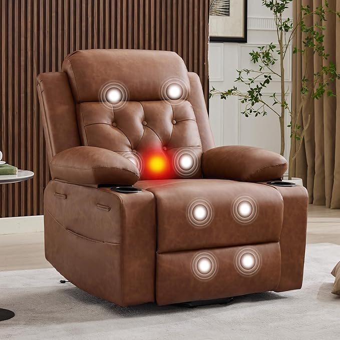 Power Lift Recliner Chair for Elderly with Vibration Massage and Lumbar Heating Oversized PU Leather Electric Lift Recliner Single Sofa with Side Pockets Two Cup Holders for Mobility Impaired