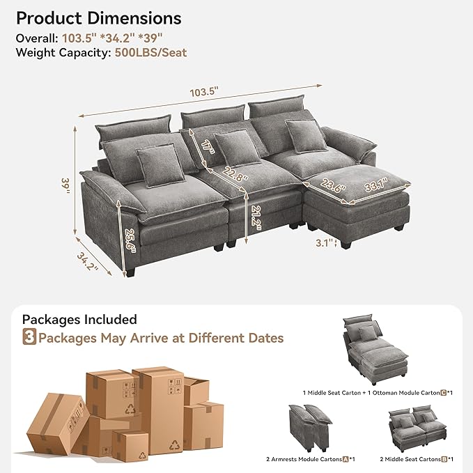 103'' Cloud Modern 3 Seater Couch with Detachable Headrest Modular Sectional Sofa with Ottoman Oversized L Shape Chenille Comfy Sofa with Armrests for Living Room Light Grey
