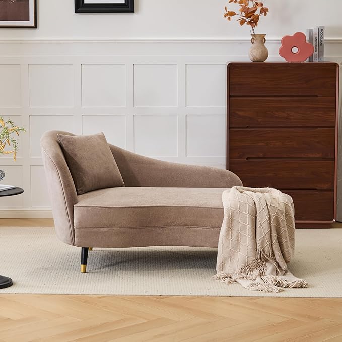 Christopher Knight Home Harlow Velvet Upholstered Chaise Lounge Chair Indoor Wooden Chaise Lounge Sofa with Accent Pillow Living Room Lounge Chair with Left Armrest Camel