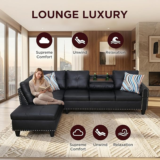 L-Shaped Sectional Couch with Cup Holders Leather Living Room Sofa with Lounge Chaise Modern 4 Seater Sofa Couch for Living Room Small Apartment &amp Office Black