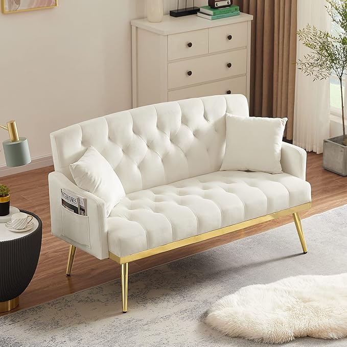 Antetek Upholstered Velvet Loveseat Sofa Modern Small Couch with Side Pocket and Golden Metal Legs Tufted Leisure Sofa for Living Room Bedroom Office Small Space Light Beige