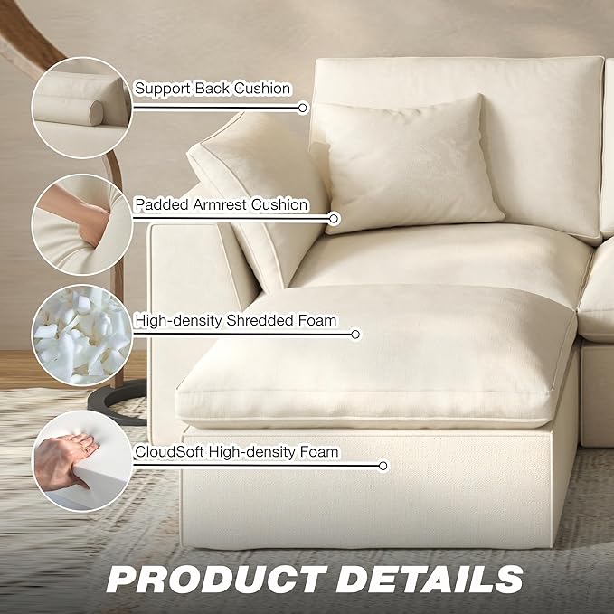 108 Modular Sectional Sofa with blanket4-Piece Boneless Couch Deep Seat Cloud Couch with Ottoman Removable Covers Soft Cushion Support High Back for Living Room/Apartment/Family Lounge Linen Beige
