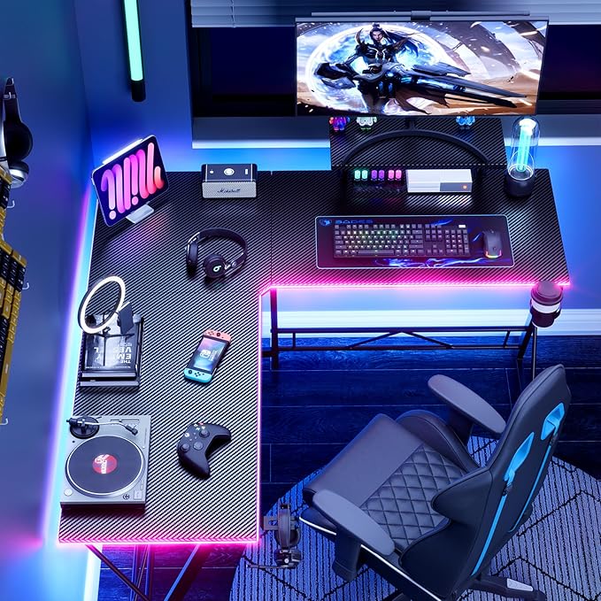 Mr IRONSTONE Gaming Desk with LED Lights L Shaped Desk Corner with Cup Holder &amp Headphone Hook Computer Desk Home Office Desks with Large Monitor Stand Carbon Fiber Surface Black 51 Inch