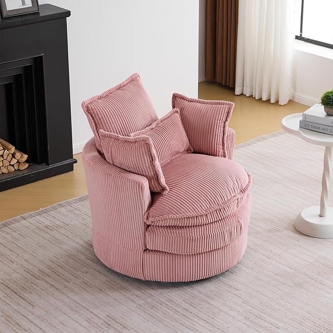 Karl home Swivel Accent Barrel Chair Single Sofa with 3 Pillows 360 Degree Modern Lounge Armchair Chair Comfy Round Reading Chair Corduroy Armchair for Living Room Bedroom Lounge Pink