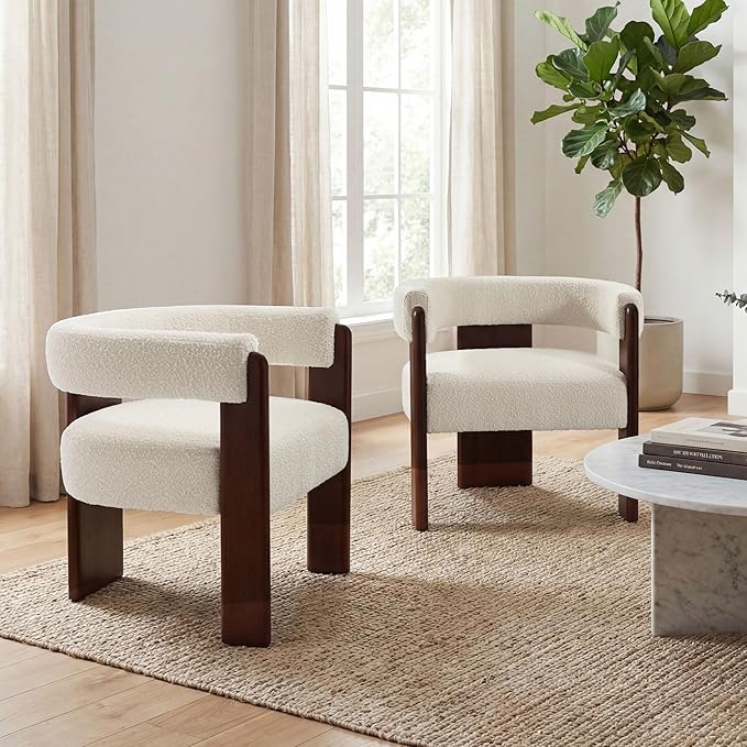 Modern Barrel Accent Chairs Set of 2 Cozy Upholstered Beige Boucle Living room Chair for Bedroom Solid Walnut Wooden Armchair Vintage Lounge Reading Chair for Apartment Waiting Room Office