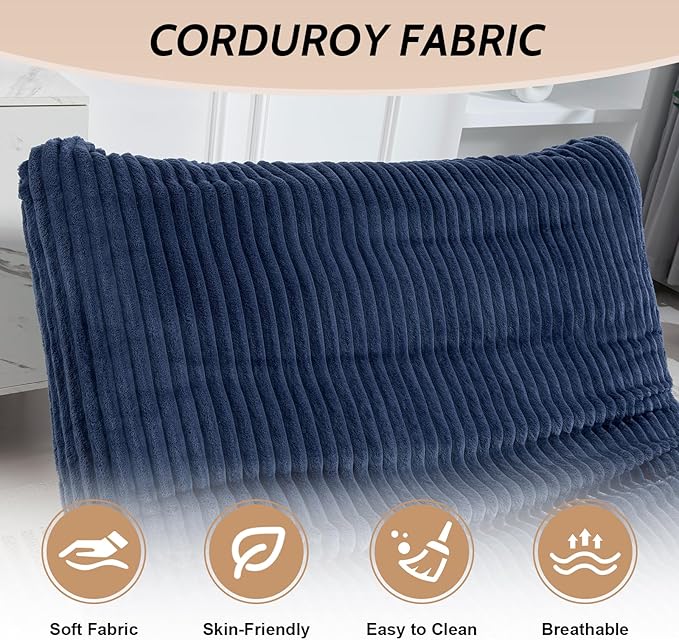 Oversized Cloud Chair with Solid Wood Base Corduroy Bean Bag Accent Chair for Adults Big Fluffy Shredded Foam Filled Reading Armchair for Bedroom Living RoomBlue