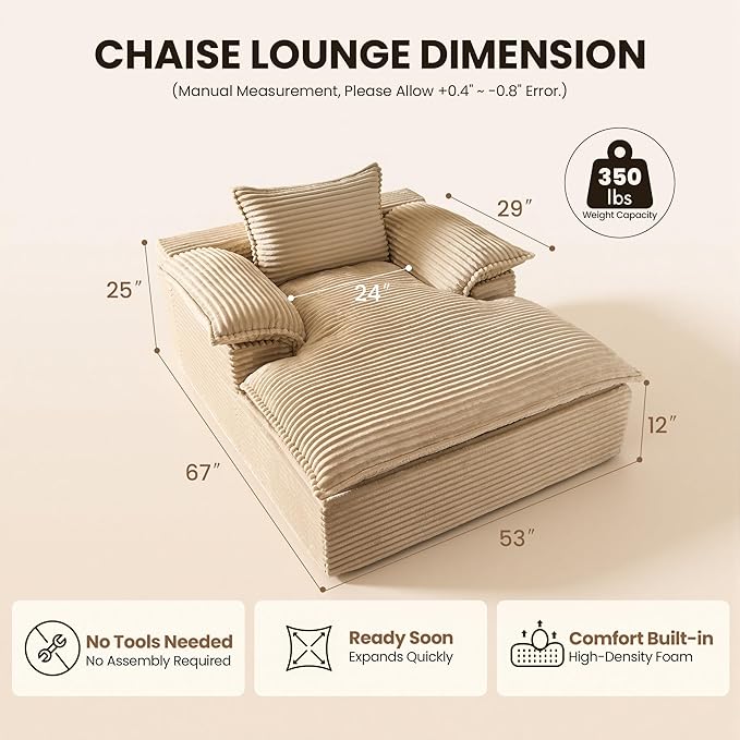 Chaise Lounge Chair Indoor Oversized Sleeping Couch 67L *53W Assembly Free Modern Minimalist Sofa With Comfy Curved Armrest Extra Deep Large Single Sofa for Living Room(Beige Plush Fabric)