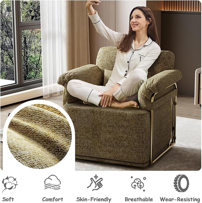 Swivel Accent Chairs 360 Swivel arm Chairs for Bedroom Club Chair with Back Gold Frame Tall Base for Office and Living Room (Brown)