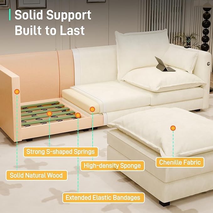 DYHOME l Shaped Sectional Couch with Padded Armrests Modern Modular Sectional Sofa 3 Seat with USB/Type-C Charging Port 27 Inch Deep Seat Chenille Cloud Couch with 5 Pillow for Living Room Bedroom