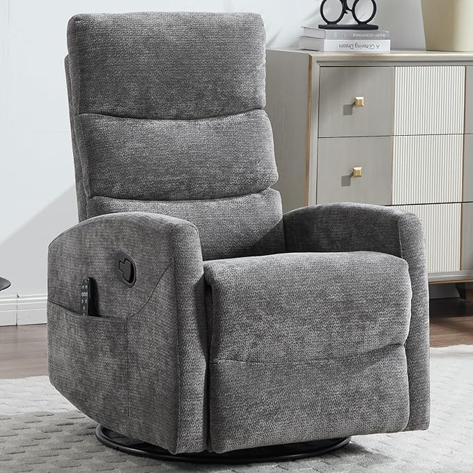 Swivel Recliner with Heat and Massage Rocker Recliner Chair for Living RoomGlider Recliner Nursery Chair with Black Metal Base/Adjustable Backrest and Footrest (Fabric Grey2)