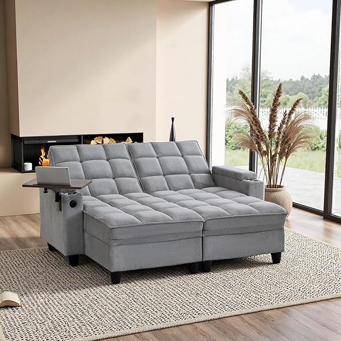 70.9'' Double Chaise Lounge with 360 Degree rotatable Side Table Comfy Corduroy Indoor Lounge Chair with Armrest Storage Cup Holder USB Port Pillow for Living Room (Light Gray)