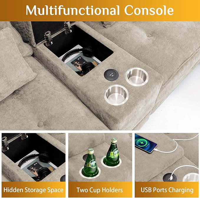 134 Oversized Brown Sectional Couches for Living Room with Glitter Fabric Fluffy Couch with Chaise Lounge&ampTufted Buttons U Shaped Sofa Set Chenille 6 Seater Couch with 2 Ottoman &amp Storage