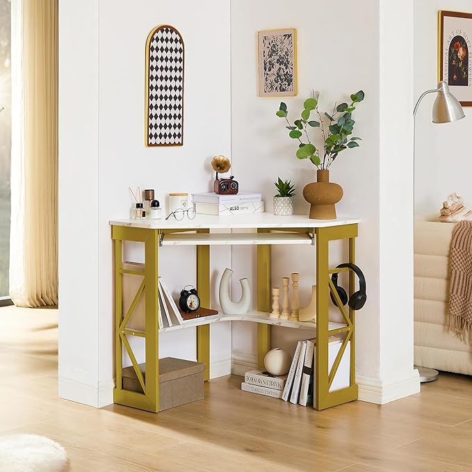VECELO Corner Desk Computer Desk Writing Table with Smooth Keyboard Tray&ampStorage Shelves for Small Spaces/Compact Home Office Triangle TableGold &amp White