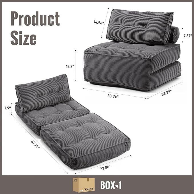 Folding Sofa Bed Convertible Sleeper Chair 33 with Pillow Futon Boneless Couch with Back Support Small Couch for Living Room(Grey Double)