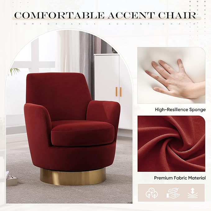 SLEERWAY 360° Swivel Barrel Chair Set of 2 28.3 Modern Velvet Round Accent Chair Comfy Upholstered Small Armchair with Gold Metal Base for Living Room Bedroom Nursery Office Sillas para Sala Red