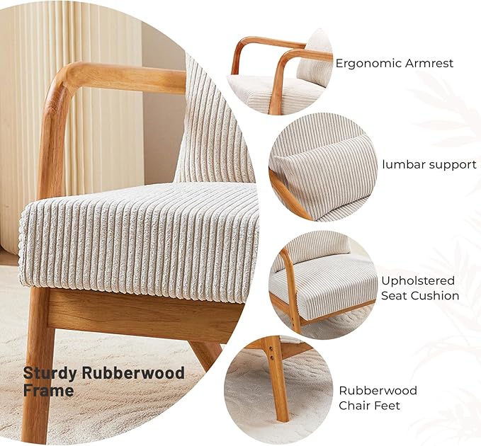 Furniliving Wooden Accent Chair Set of 2 for Living Room Upholstered Reading Chair with Sturdy Wood FrameCorduroy Lounge Armchairs for Bedroom Patio Furniture Beige
