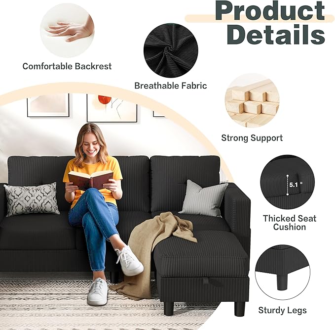 JY QAQA Convertible Sectional Sofa Couch with 3-Seat Sofa L-Shaped Ottoman Couch with Modern Linen Fabric for Small Living Room Apartment and Small Space(Black)