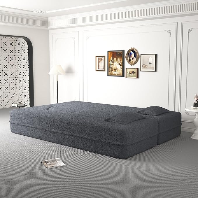 78” Floor Sleeper Sofa Bed Modern 2 in 1 Full Size Foldable Mattress with 2 Pillows Convertible Boneless Couch with Deep Seat for Living Room No Assembly Required (Grey &amp Teddy) | No Assembly R