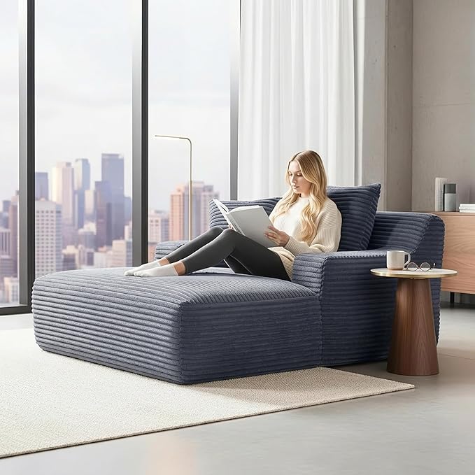 Container Furniture Chamden Oversized Chaise Lounge Chair Modern Corduroy Sofa Bed with Full Foam Cushioning Cozy Convertible Sleeper for Living Room or Bedroom Grey