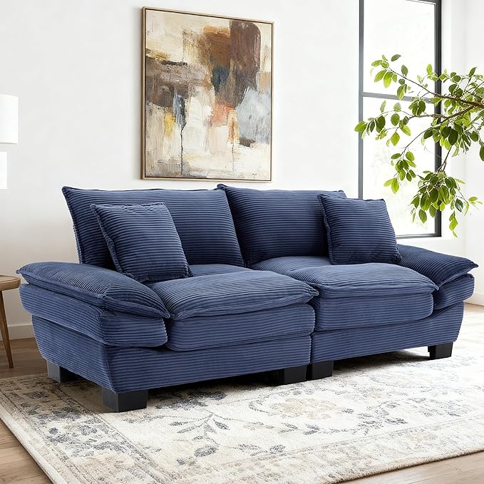 Modern 84 Corduroy Loveseat Sofa Ultra-Comfy Couch with 2 Pillows for Apartment Living Room Bedroom Home Office (Blue)