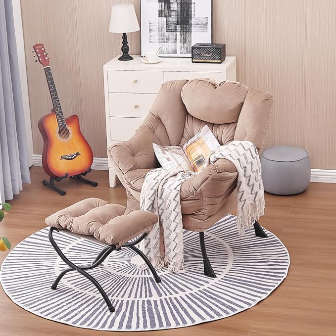 Lazy Chair and Ottoman Large Velvet Brown Accent Chair with a Side Pocket Modern Leisure Upholstered Sofa Reading Armchair with Footrest for Office Bedroom Living Room Dorm Rooms Balcony