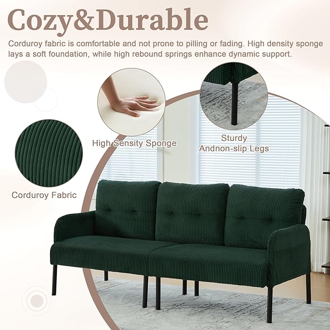 KEIKI 67 Corduroy Loveseat Sofa with Double Side Pockets &amp High Resilience Cushion Modern Style Upholstery Oversized 2-Seater Couch with Metal Legs Easy Assembly for Living Room Emerald