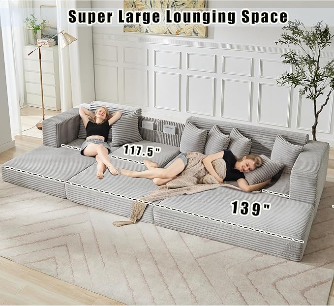 L Shaped Modular Cloud Couch with 8 Pillows Modern Corduroy Boneless Sectional Sofa with Large Chaise for Living Room Office Studio Flat Left Facing Chaise Compressed Sofa (Light Grey)
