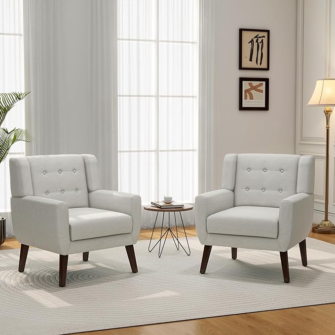 Accent Chair Mid-Century Modern Fabric Chairs with Arms for Living Room Comfy Upholstered Club Single Sofa Armchair for Bedroom Waiting Room with Solid Wood Frame