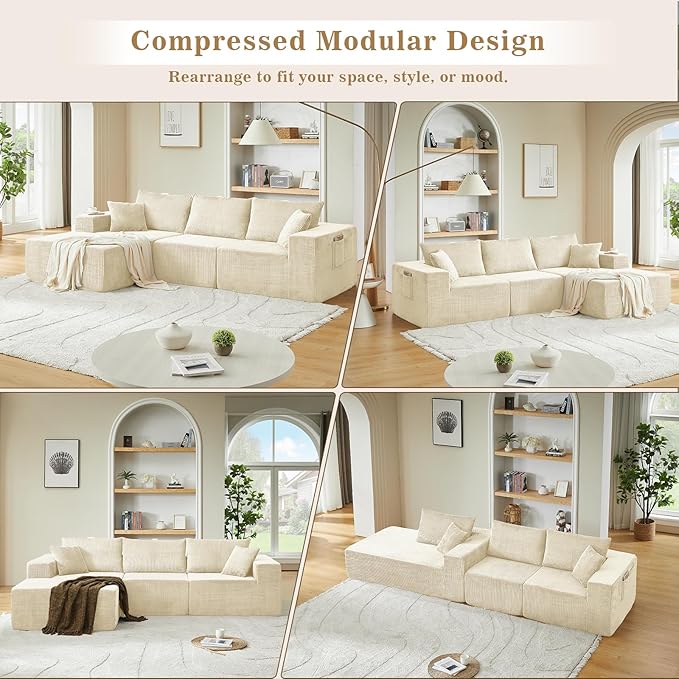 108 Sectional Couches for Living Room Cloud Couch Sofa with L-Shape Upholstered Boneless Couchs Modern Modular Sectional Couch with Chaise (White 108 W+Right Facing Chaise+2Seaters)