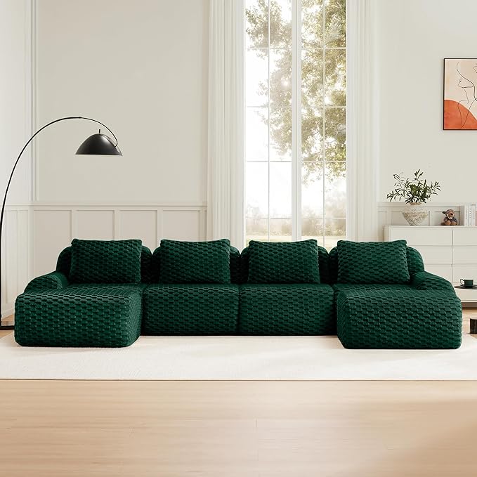 146 Boneless Couches for Living Room Oversized U-Shaped Couch with Buckle Connection Anti-Slip Design Flannelette Fabric Modular Sectional Sofa with Deep Seat (Green 4 Seat + 2 Ottoman)