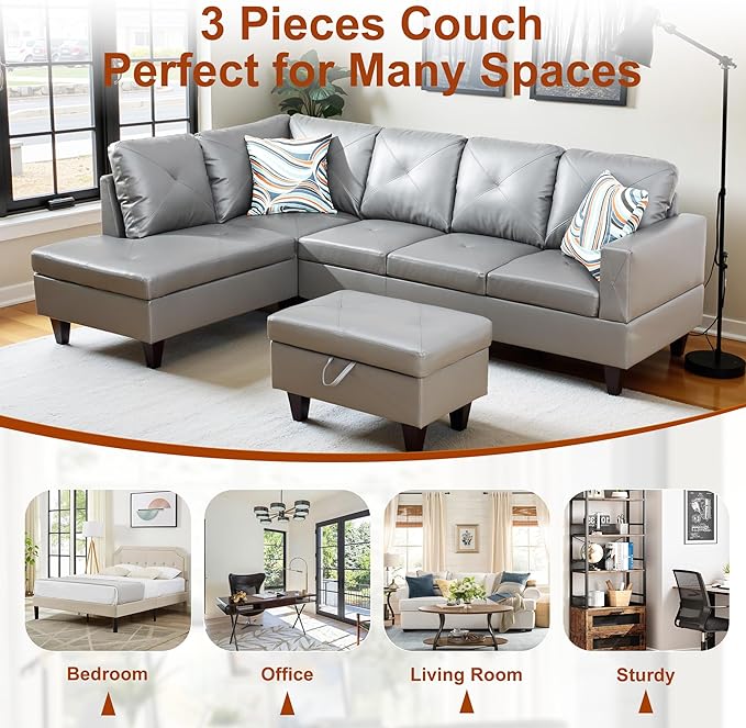 L Shaped Couch Faux Leather Sectional Couches for Living Room Upholstered 3 Pieces Modular Sectional Sofa with Chaise Ottoman with Storage for Living Room and Small Apartment Dark Grey