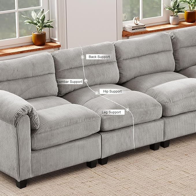 CANMOV Modular Sectional Sofa Corduroy 4-Seater Couches with Thick Cushion for Living Room Grey