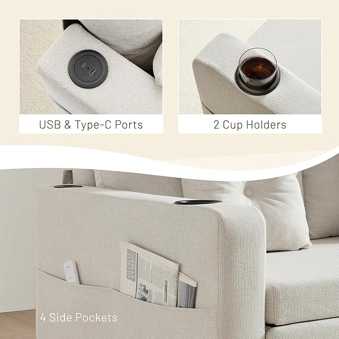 3 in 1 Pull Out Couch 56 Inch Convertible Sleeper Sofa Bed Loveseat with Cup Holders Storage Pockets USB Sofa Couches for Living Room Bedroom Apartment Beige