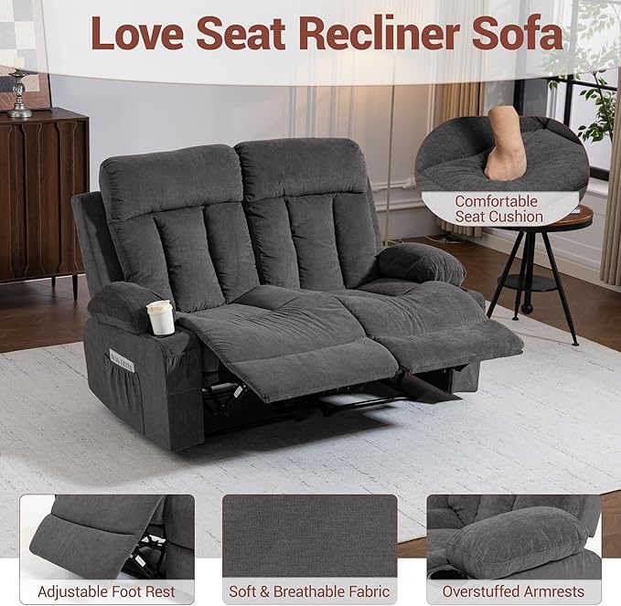 2 Seater Manual Reclining Loveseat Chair with Cup Holders 160° Wide Recline &amp Memory Foam Cushion Comfy Recliner Couch with Storage Pockets for Living Room Home Theater Office Grey