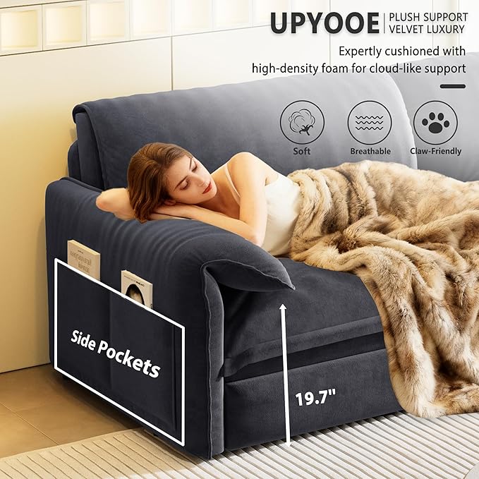 66 Futon Sofa Bed Queen Size Pull Out Bed 3-in-1 Convertible Sleeper Sofa with Side Pocket Modern Velvet Futon Couch for Living Room Small Space Apartment Bedroom Grey