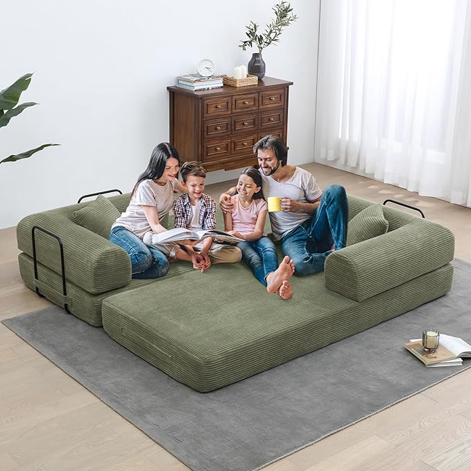 Convertible Folding Sofa Bed Corduroy Sleeper Mattress Couch with Fixed-Shape Frame Free Combination Loveseat Lounge Floor Sofa Queen Size Memory Foam Couch for Living Room Bedroom Light Green
