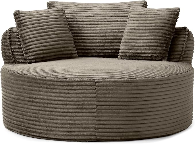 54-inch Oversized Round Chaise Longue Chair Indoor Modern Upholstered Corduroy Deep Seat Circle Cloud Chair Single Boneless Reading Chair for Living Room Bedroom Apartment Camel